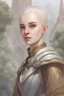 Placeholder: portrait colour drawing, fantasy setting, 22-year old friendly female human cleric, shaved head