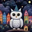 Placeholder: A 3d hd chibi mystical white owl perched, contrasting against a black cat strolling through a whimsically decorated town with vibrant, colorful houses under a starry night sky. Owl sits atop the cat's head, creating a strange and intriguing visual contrast. The scene exudes a magical and enchanting atmosphere, capturing the essence of a mysterious nocturnal adventure.