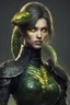 Placeholder: a female humanoid snake, wearing a black leather armor, green scales, yellow eyes