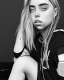 Placeholder: Billie Eilish, sitting on a chair, Black Short Dress, high detail, realistic