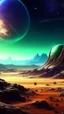 Placeholder: sci fi planet, space station, desert, mountains, northern lights