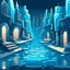 Placeholder: Fantasy cartoon blue underground magical city square with grey stones, shops and water reflections