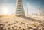 Placeholder: Burj al arab made of daisy flowers in the sand in the sunshine, ethereal, cinematic postprocessing, bokeh, dof