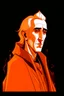 Placeholder: A portrait of Christopher Lee in his thirties as an elf mage, dressed in an expensive orange medieval shirt, in the style of Genndy Tartakovsky, long pointy elven ears, dark background