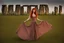 Placeholder: Full body shot of a tall slim red-headed young woman, dressed like a gipsy, standing in front of Stonehenge in a flaming circle