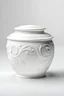 Placeholder: classic round white matt ceramic cream jar, on the plain white background, white stucco medalion ornament on the jar cup