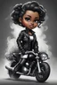 Placeholder: Create a digital airbrush illustration of a chibi cartoon full figure black female riding a sports motorcycle. She is wearing biker jacket and black tights with biker boots. Prominent make up with log lashes and hazel eyes. Extremely highly detailed black shiny wavy hair up in a messy bun. Background of smoke surrounding her and the bike and she's at a bike show.