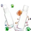 Placeholder: two bottles for cosmetics, behind a beautiful floral spring floral background, top view picture, in the background there are beautiful soap bubbles and molecules, high-quality picture, top view