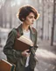 Placeholder: portrait pint of color photo of a student girl 22 years old ,short hair with her books in her hand walking in street,next to trees.close up