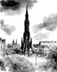 Placeholder: Scott Monument - Edinburgh - central long view - black & white water color illustration