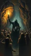 Placeholder: Bosch painting style nightmares, of people are crying and begging with hands up like praying in fear , all picture filled people in a cave with mysterious shadow holding a lamp at the end of the cave and looks like hell , a big scary mysterious hooded black creature is standing in the middle , all afraid of him.