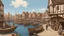 Placeholder: gothic medieval wooden harbour with piers and ships, people, shops, bridges, arches, balconies, taverns, blue sky, photorealistic