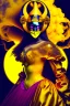 Placeholder: Planet Venus portrayed as a beautiful masked woman wearing medieval robes, her sihlouette is engulfed in yellow vapor and translucid fire, underneath her beauty hides a chaotic inferno of passion and violence