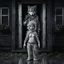 Placeholder: a short, thin very sad young gray hairbody anthropomorphic wolf female and wears a little with cloth around the waist stands in front of the camera in rain, an strong anthropomorphic wolf man stands behind the door in a wooden house, dark deep colors, sharp focus, rainy day, high contrast, high detail, atmospheric, dark fantasy, sci-fi