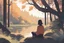 Placeholder: An image featuring a young woman sitting and thinking looking at the forest and breathing peacefully , much like the iconic 'Lofi Girl' scene. She is surrounded by a beautiful scenery and daylight that makes her bright and other elements that exude a sense of calm. Ensure that the image exudes a tranquil and relaxing ambiance, perfect for studying or moments of contemplation, unreal engine, greg rutkowski, loish, rhads, beeple, makoto shinkai