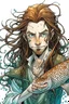 Placeholder: wet pirate nereid male with fish scale skin,and seaweed in long auburn hair