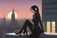 Placeholder: A slim Woman With Black shoulder length hair, Wearing an android-looking suit, standing sideways On a ledge of a building, with a moon Behind Her Head, towering spires and buildings highlighted by the setting sun