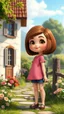 Placeholder: cartonic child girl with realistic face and bob hair and makeup in pretty top and short tight and nice shoes,looking like a beautifull lady standing in country side next to country house with flowers,trees.