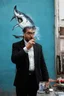 Placeholder: man with catfish shark head smoking a cigarrette in the style of banksy