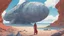 Placeholder: A woman in a catsuit standing on a beach of a rocky coloured crystal-covered landscape with a crashed spaceship in the distance, bright bue sky, white storm clouds