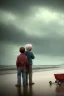 Placeholder: young boy standing and old man sleeping on beach, dark storm clouds overhead, gloomy, bleak, shopping trolley on side, dusk. the road cormac mccarthy