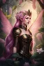 Placeholder: Pink,Hydrangea,orchids,lilies of the valley,night,pink hair,rapunzel hair,elven crown,dragonflies,pointed ears,elven ears,dark fairy princess,sparkle,,dark gold armour,fairy wings,pink