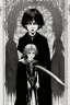 Placeholder: 7 year old boy, necromancer, friendly, looks dead,with a long lamprey emerging from his belly , wearing black robes, in the style of Harry Clarke