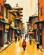Placeholder: bustling medieval Kathmandu street, thick impasto painting, centered, minimalist, thick sparse brushstrokes, bold colors of orange, beige, yellow, red and black, sporadic tint ink leaks, perfect verticals, amazing parallel