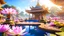 Placeholder: beautiful colorful Asia state spring's flowers, nature, little thai temple, fountains, lake with lotus, fantasy, romantic dreamy mood, elegant, cute, dramatic viewing, amazing world, pastel colorful, high contrast, 8k high definition, unreal engine 5, extremely sharp detail, light background,