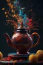 Placeholder: a single Moroccan teapot in the center 4k, explodes with Moroccan-colored paint and splashes on a dark background. creative idea