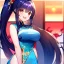 Placeholder: Clear focus, 8k, high quality, detailed, beautiful lighting, girl, vibrant colors, blue long hair, vibrant red eye, vibrant golden eye, chinese clothes, ponytail, laughing