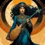 Placeholder: create an ethereal, darkly magical illustration of an epic female Andalusian guitarist, with highly detailed and deeply cut facial features, in the style of GUSTAV KLIMT and ALPHONSE MUCHA combined with the comic art style of BILL SIENKIEWICZ and JEAN GIRAUD MOEBIUS, searing lines and forceful strokes, precisely drawn, inked, and darkly colored