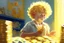 Placeholder: a curly-haired blond boy counts money and stacks gold coins in a modern nursery, in sunshine