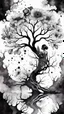 Placeholder: double exposure black and gray color Water color illustration with weet ink dry tree with fantasy flowers, profil face, deep dark , surreal, dramatic atmosphere. intricate, stunning textures , mystery. stunning illustration