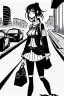 Placeholder: girl walk on the streets, manga style, line arts illustration