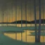 Placeholder: A tranquil woods in the background and lake and grass in the foreground at twilight painted by Klimt