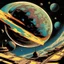 Placeholder: space vista, with a large planet cropped at the top, retro comic, space ship from the back, jets blasting, jack kirby style