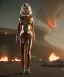 Placeholder: retro sci-fi portrait image from 1980, supermarket parking explosion, fire, scared people, blonde woman walking, young Michelle Pfeiffer face, tight latex suit, soft color, highly detailed, unreal engine 5, ray tracing, RTX, lumen lighting, ultra detail, volumetric lighting, 3d, finely drawn, high definition, high resolution.