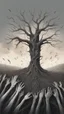 Placeholder: a field of thousands of hands of bodies rising up from the ground not visible, horror, hands in different shapes coming out from the ground towards the sky Busch painting style nightmare and thin line draw, a dry tree with out branches in the middle