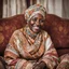 Placeholder: portrait photography, upper body, shot by Canon EOS 5D, indoor, 49 years old Ugandan lady Ambrika Ngomuno, sitting on her sofa, wearing half Russian headscarf, she has traditional style, looks very happy, cozy ambient, high quality, aged face details, intricate details