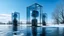 Placeholder: An architectural work submerged in a frozen lake during winter, the icy surface reflects the structure's vertical steel poles, clear acrylic cubicles, and cold blue spheres, a snow-covered landscape.