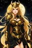 Placeholder: SUPER PRETTY GIRL, DRESSED WITH A BLACK-GOLD SMALL ARMOUR, GOLDEN LONG HAIRED, GOLDEN EYES, GREATH SMILE, BIG BUBS, NICE BODY, STAY ON DARKNESS CASTLE, STARS SKY, MOON, LEGENDARY WARRIOR, POWERED GIRL, A GOLDEN GLOW AROUND HER BODY.