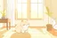 Placeholder: cute fluffy chibi beige cat measuring fever in a modern room in sunshine