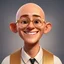 Placeholder: a portrait of smiling man. caricature. almost bald hair. light brown skin. black eye pupils. circle eyeglasses with thin gold frame. round face shape. white shirt with black vest. pixar style. 3D. 4k. portrait. highly detailed. sharp focus. high resolution. full color. cinema lighting