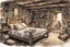 Placeholder: ink wash and watercolor illustration of the highly detailed, dark interior of an historically correct 18th century rough hewn New England clapboard cabin, with a dry laid stone hearth , rustic furniture and bed , kitchen utensils, candles, hanging herbs , curing game meat, in the comic book style of Bill Sienkiewicz and Jean Giraud Moebius ,rich earth tone colors,