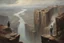 Placeholder: oil painting, an old track on a tall cliff, a man standing on the cliff and looking at the flooded city below him