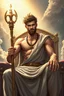 Placeholder: Skinny 25 year old Greek God who has abs with short spiky brown hair and a brown goatee with lightening sparks going everywhere and he is clutching a large scepter he is wearing a king’s robe and is facing the camera sitting on a kingly throne in the sky