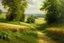 Placeholder: Peder Mork Monsted style,Hungary, field with hayrick, dirt road, forest in the distance, summer