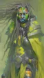 Placeholder: A woman has tanned skin, yellow eyes and black dreads. Her face show her superiority in the eyes of others. She is dressed in an armor with a few pieces of yellow and green cloak sticking out.