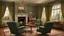 Placeholder: Sitting-room interior, one fireplace with fire burning, 1950 UK house, chairs have four legs, tables have four legs, window, clean, neat, tidy, affluent, expensive wallpaper, fine fabrics, chandelier, fashionable, luxuries, award-winning color photograph, Ultra Realism, 16k, HDR, High Quality, Sharp Focus, Studio Photo, Intricate Details, Highly Detailed